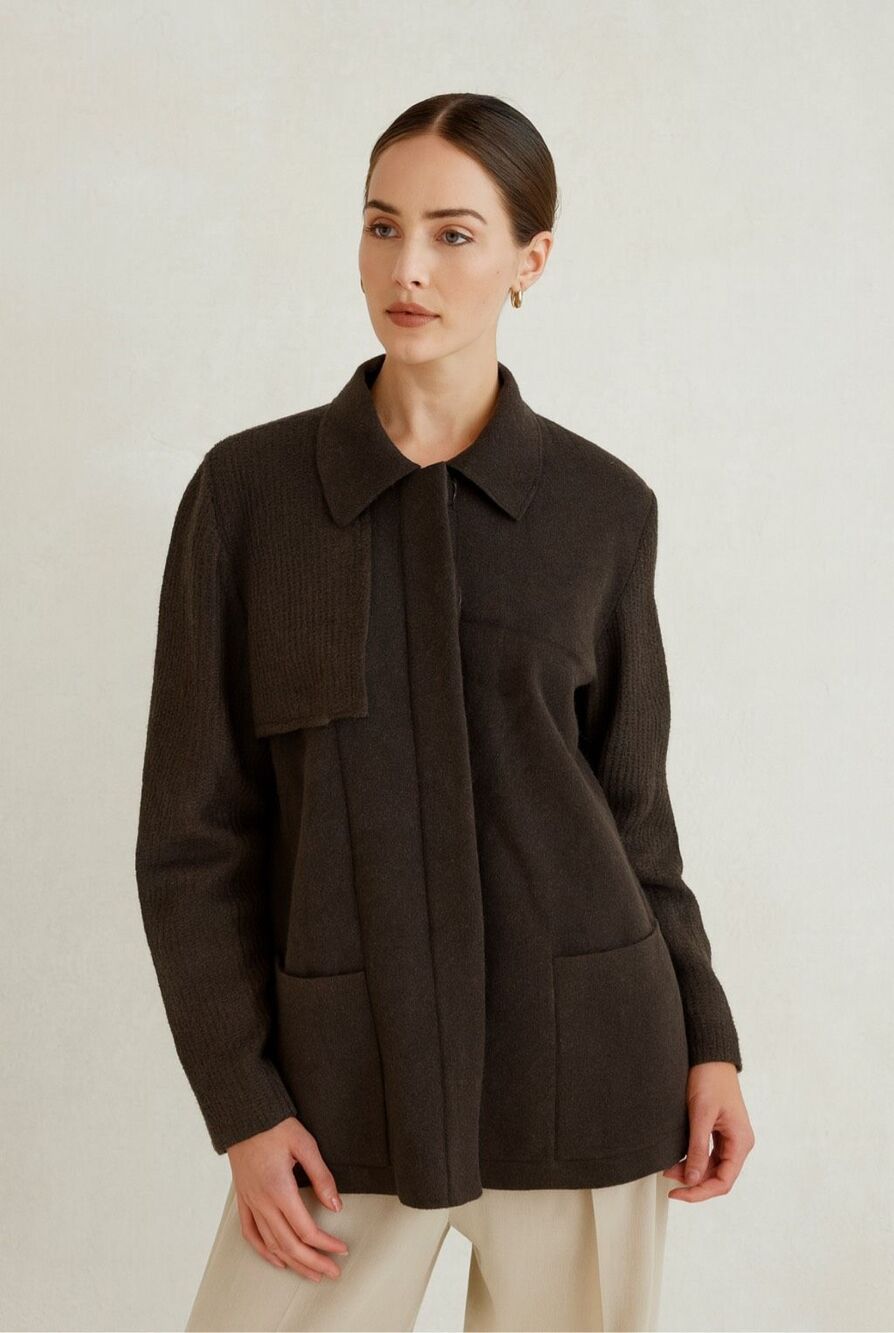 Akris Brown Cashmere Angora Asymmetrical Cardigan Jacket Coatigan Size 8